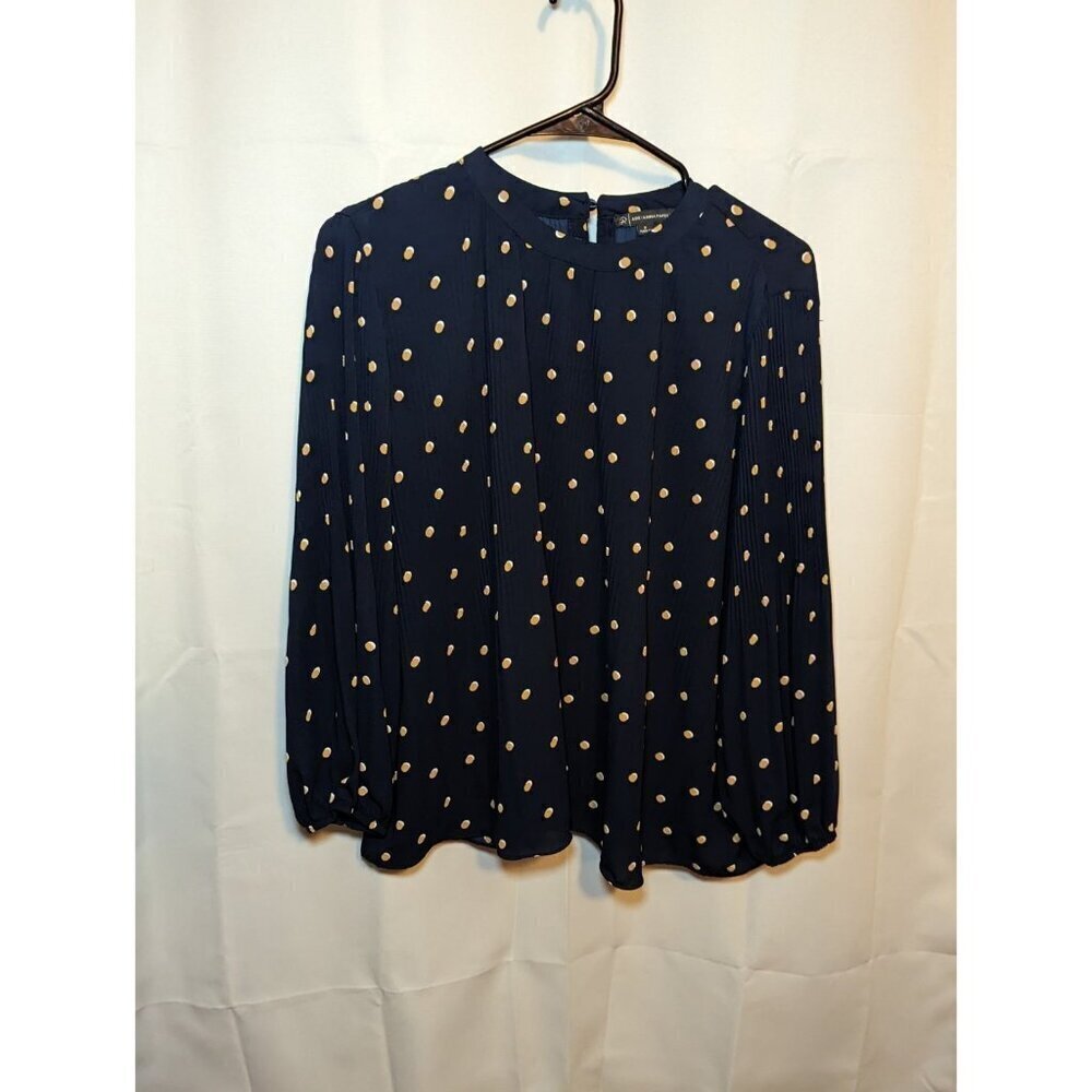 Adrianna Papell Women's Size Small Long Sleeve Blue And Brown Dot Blouse Career